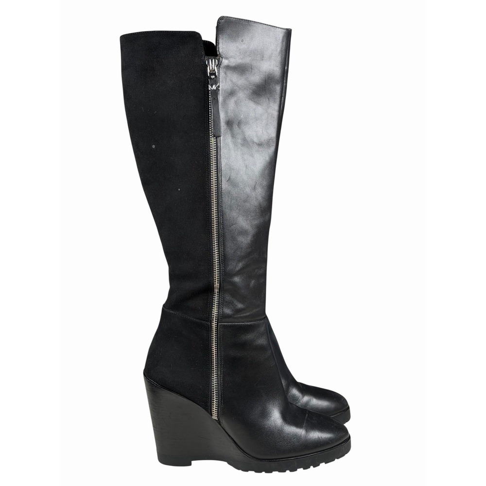 Michael Kors Clara Wedge Knee High Black Leather‎ Boots Women's Size 9M